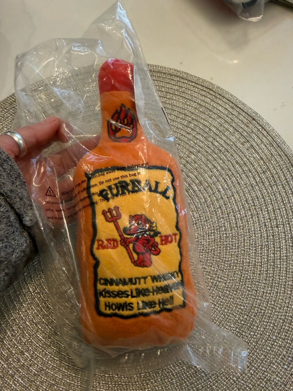 Furball Orange Plush Dog Toy with Devil Graphic